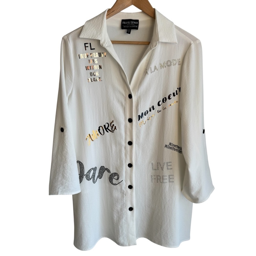 Frank Lyman Artsy Graphic Tunic Top Sz S White Statement Blouse Cruise Resort